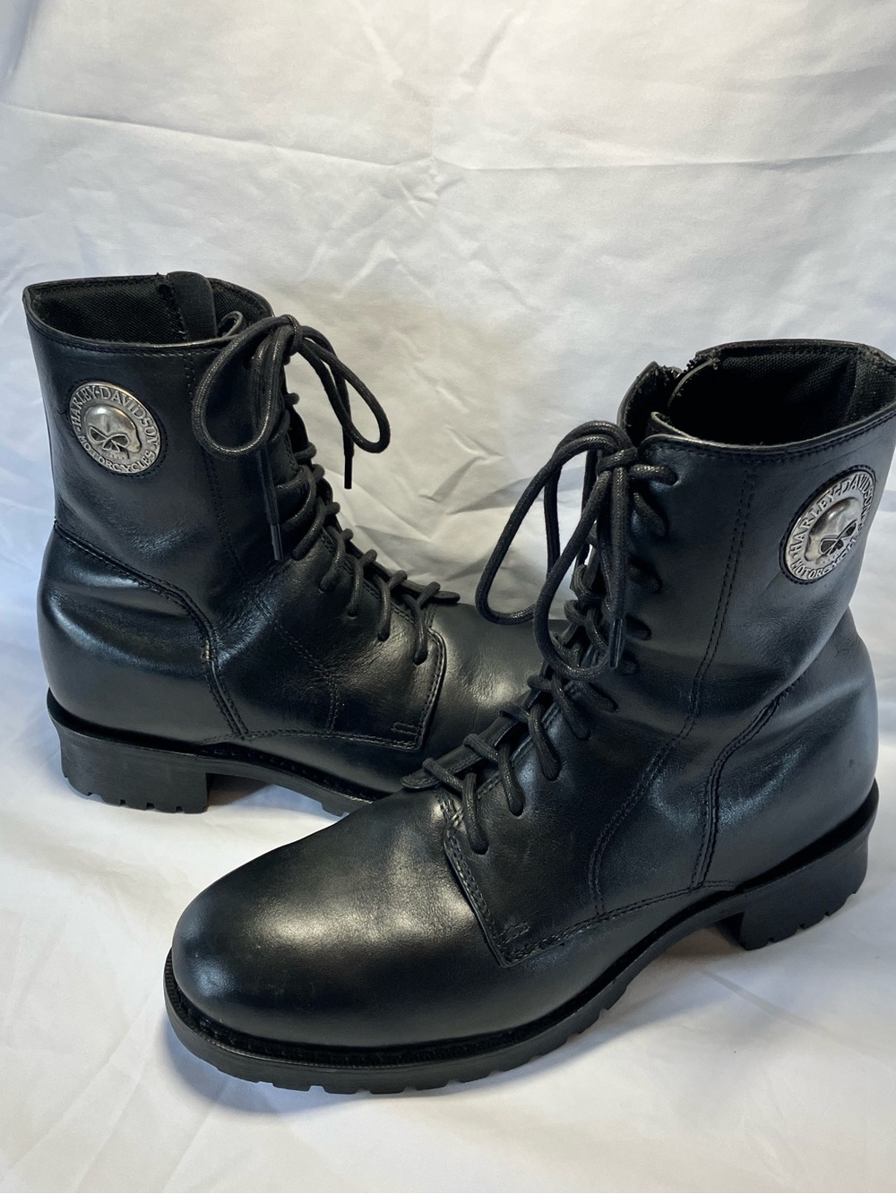 Harley-Davidson Black Leather Lace-Up Side-Zip Moto Combat Boots